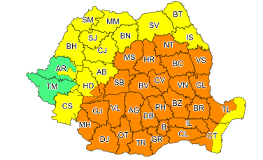 Cod portocaliu de vijelii, cu grindină şi ploi torenţiale