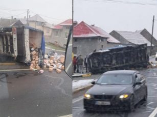 Un autovehicul s-a răsturnat pe DN1, la Vlădeni, în urma unui accident