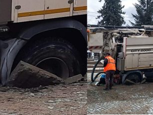 O autospecială de la Apă-Canal Sibiu a căzut în... canal. Primăria Făgăraș: „Capacul era prost executat”